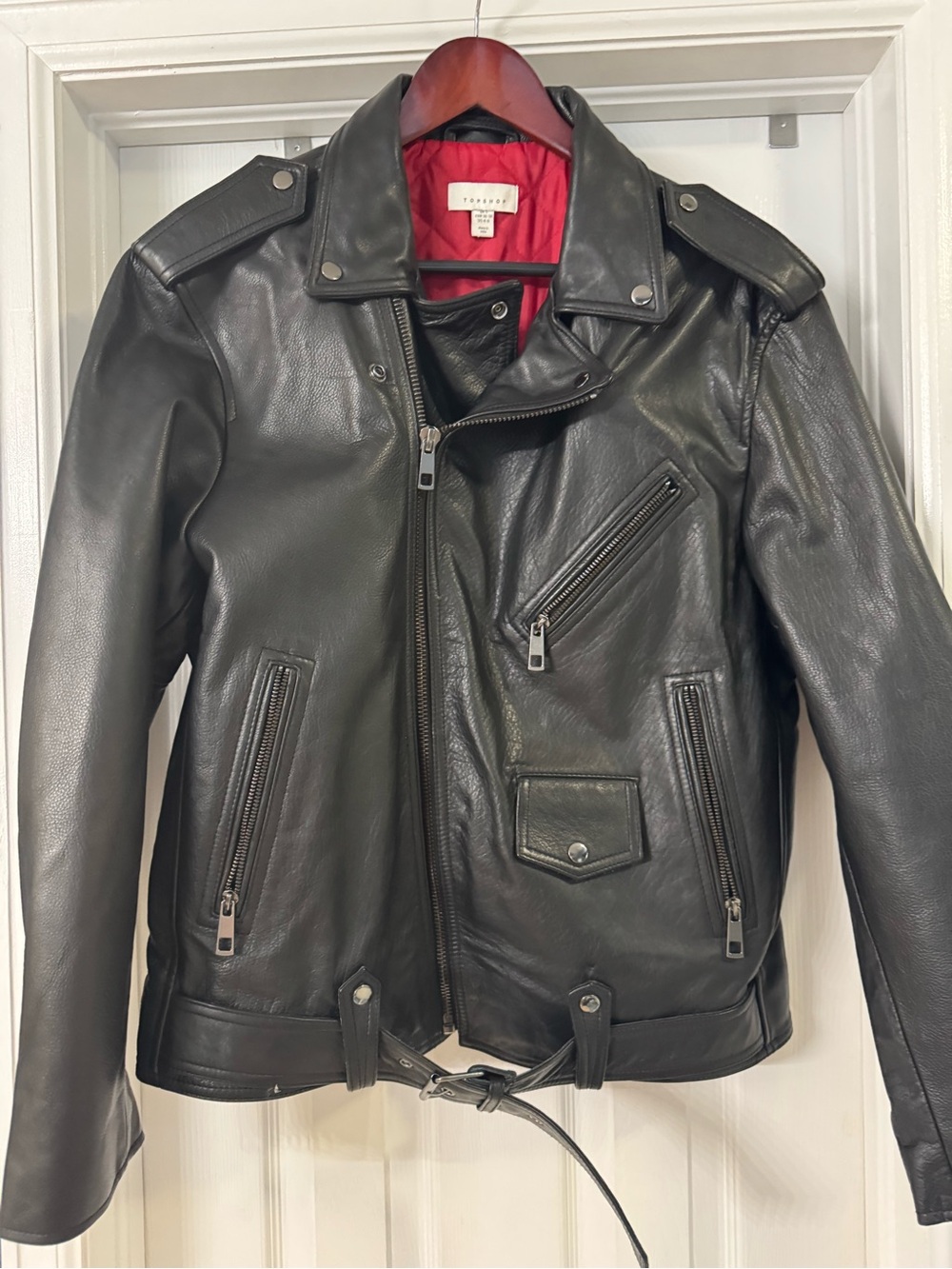 Topman Black Leather Biker Jacket with Red Lining